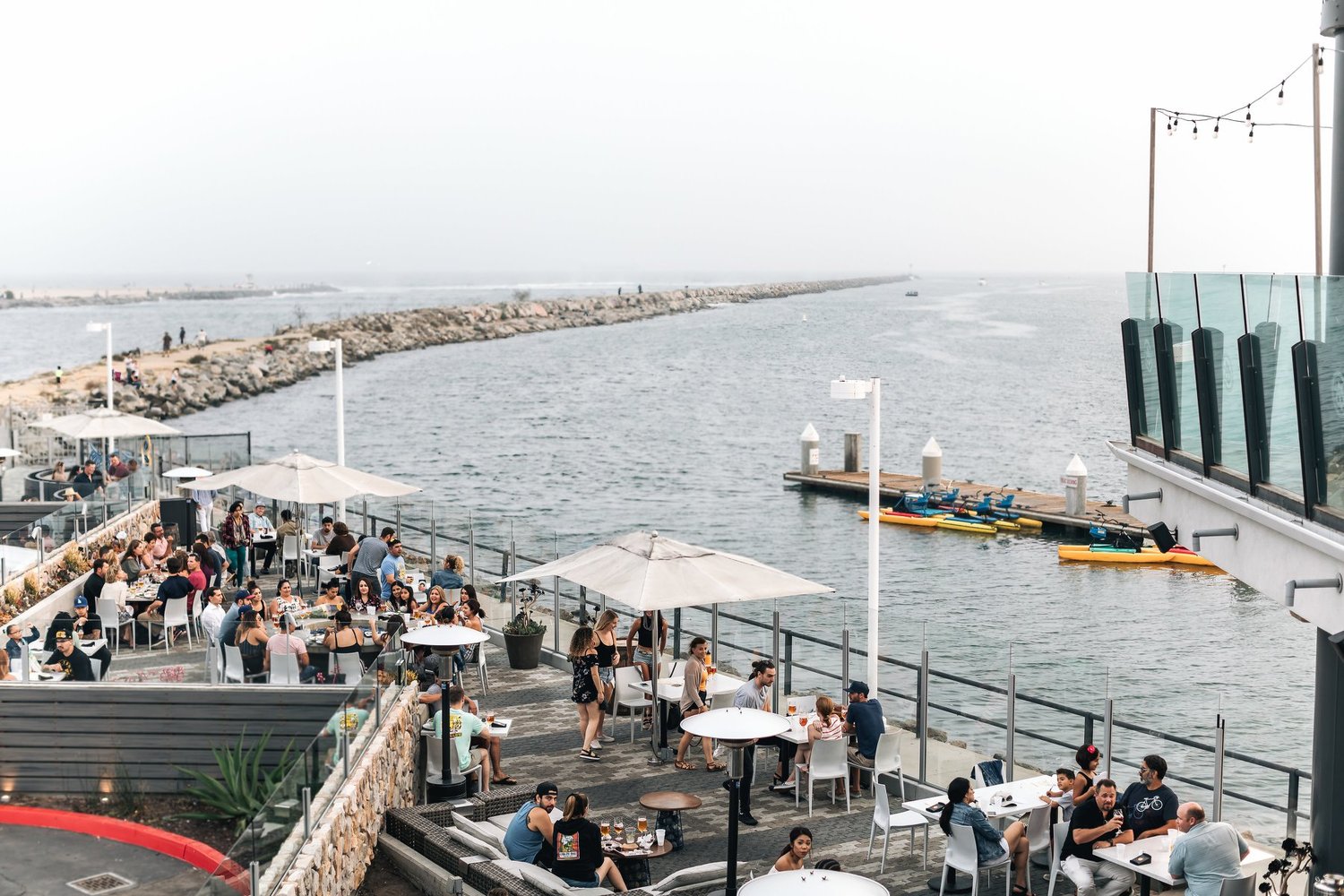 Ballast Point Brewery outdoor deck overlooking the Long Beach harbor and ocean